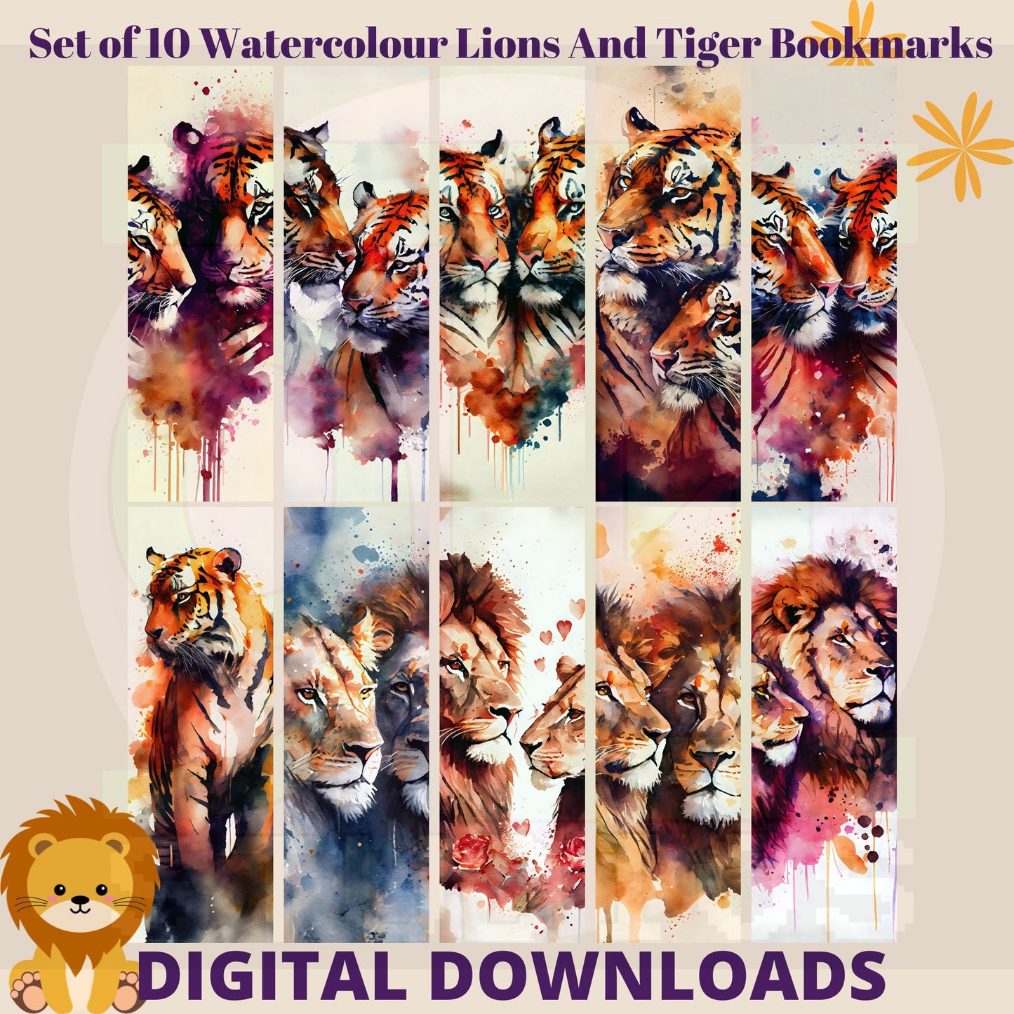 Watercolour Lion And Tigers Bookmarks