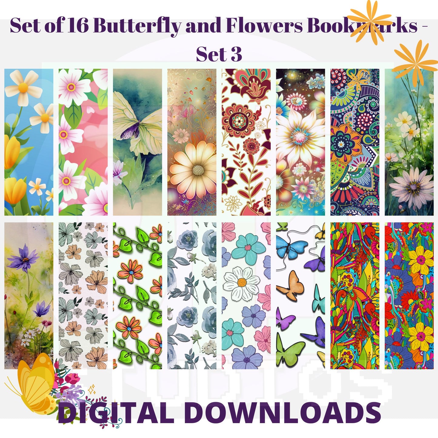 Butterfly and Flower Bookmarks Set 3