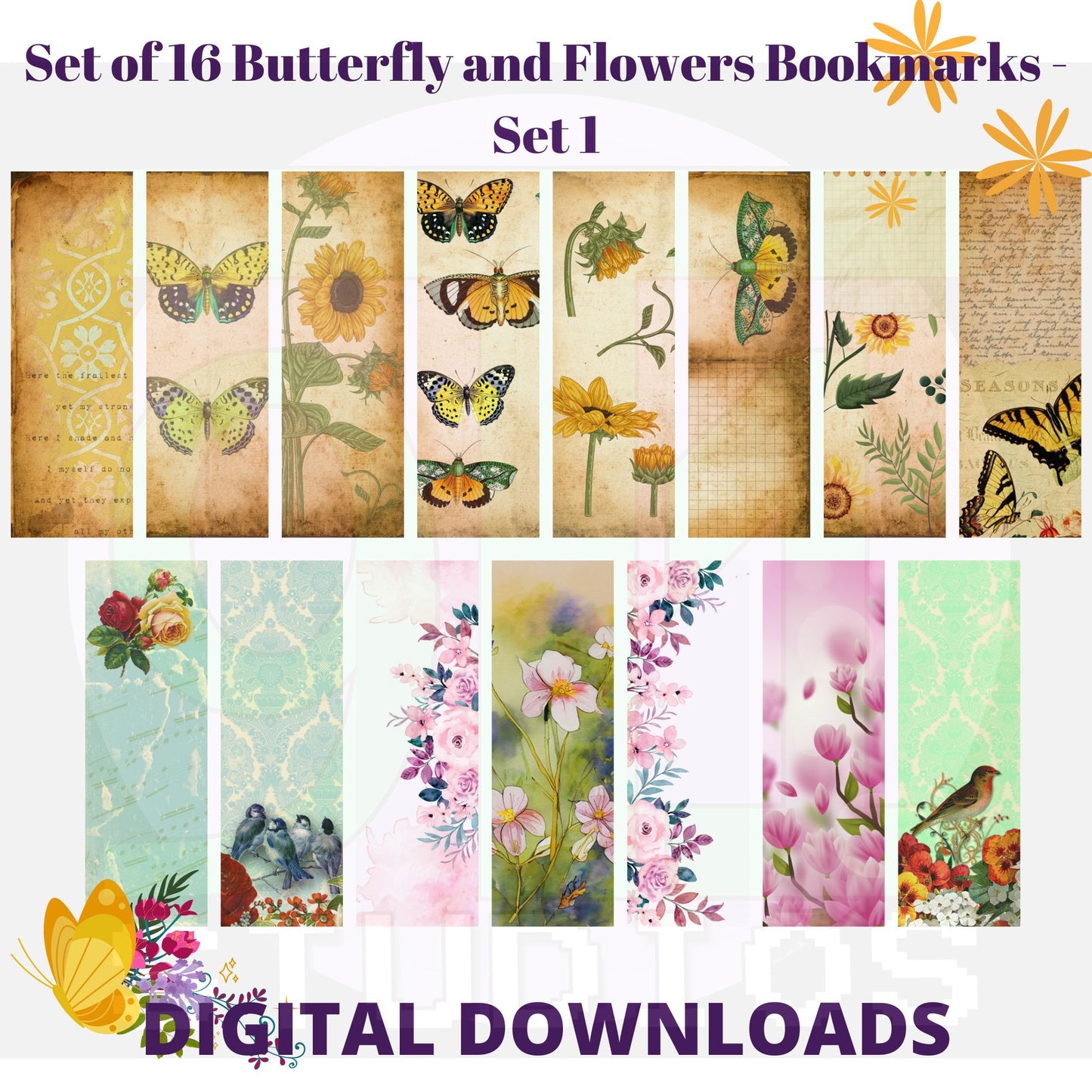 Butterfly and Flower Bookmarks Set 1