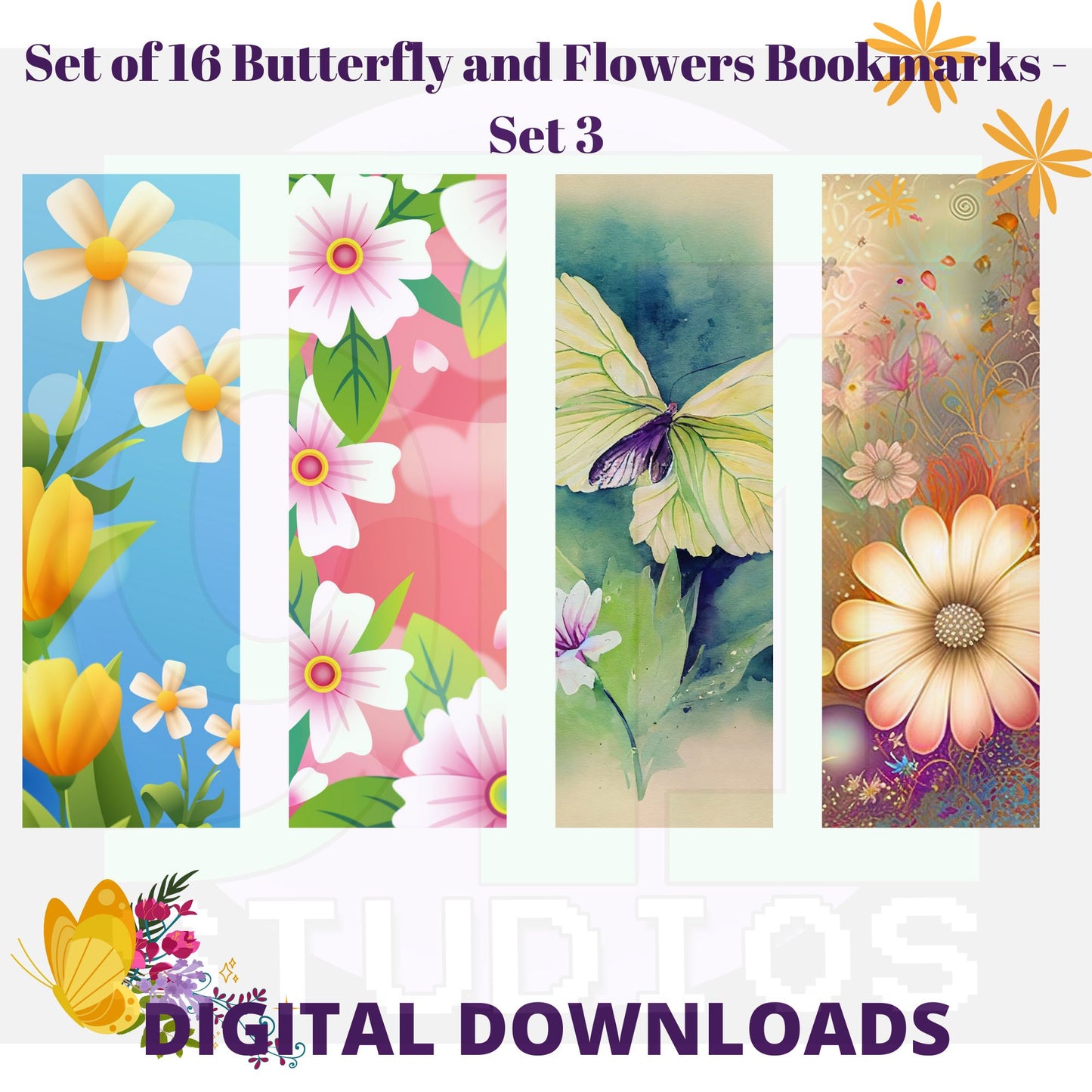 Butterfly and Flower Bookmarks Set 3