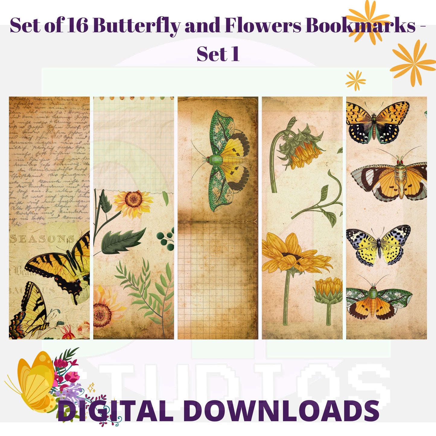 Butterfly and Flower Bookmarks Set 1