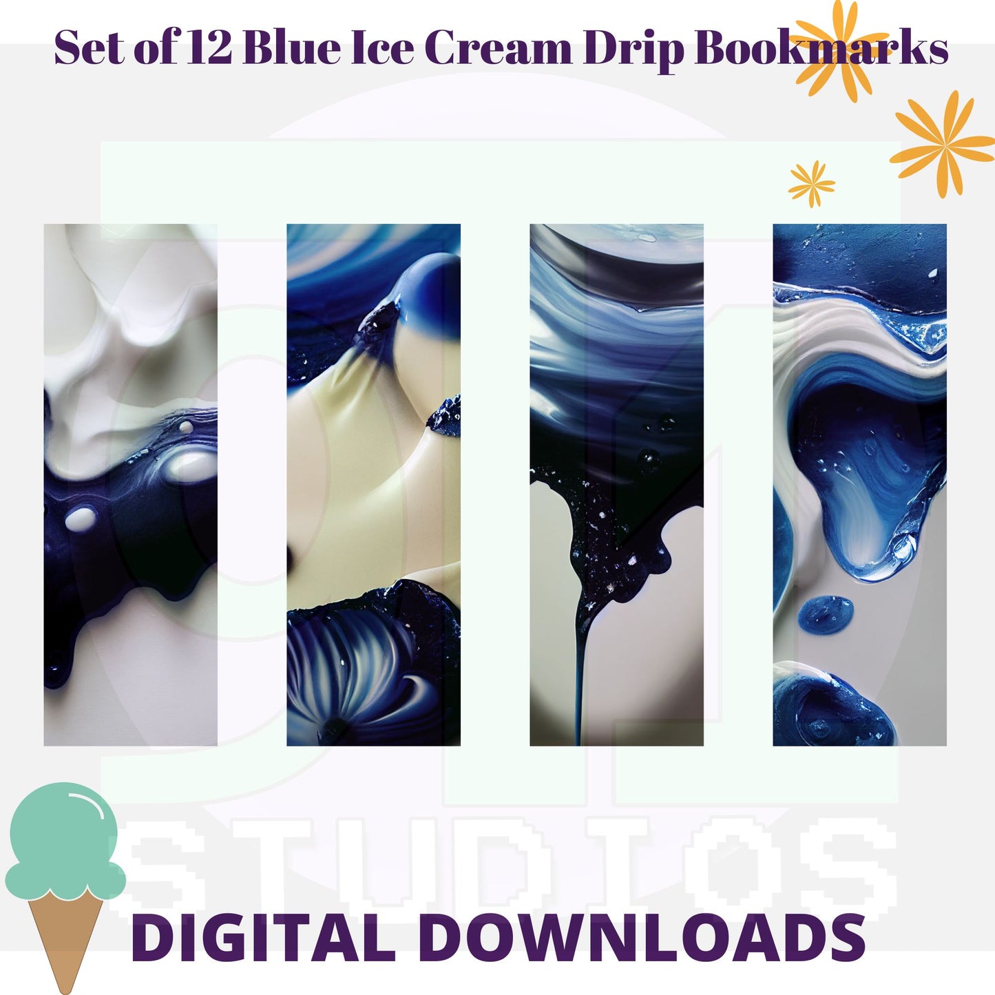 Blue Ice Cream Drip Bookmarks