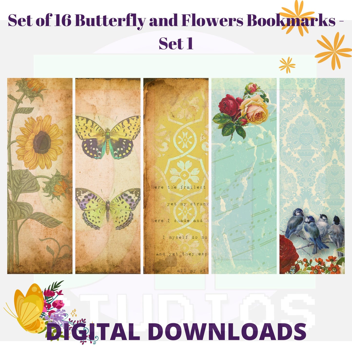 Butterfly and Flower Bookmarks Set 1