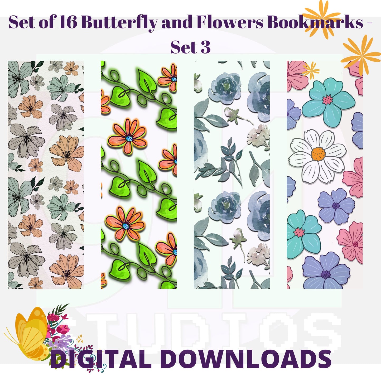 Butterfly and Flower Bookmarks Set 3