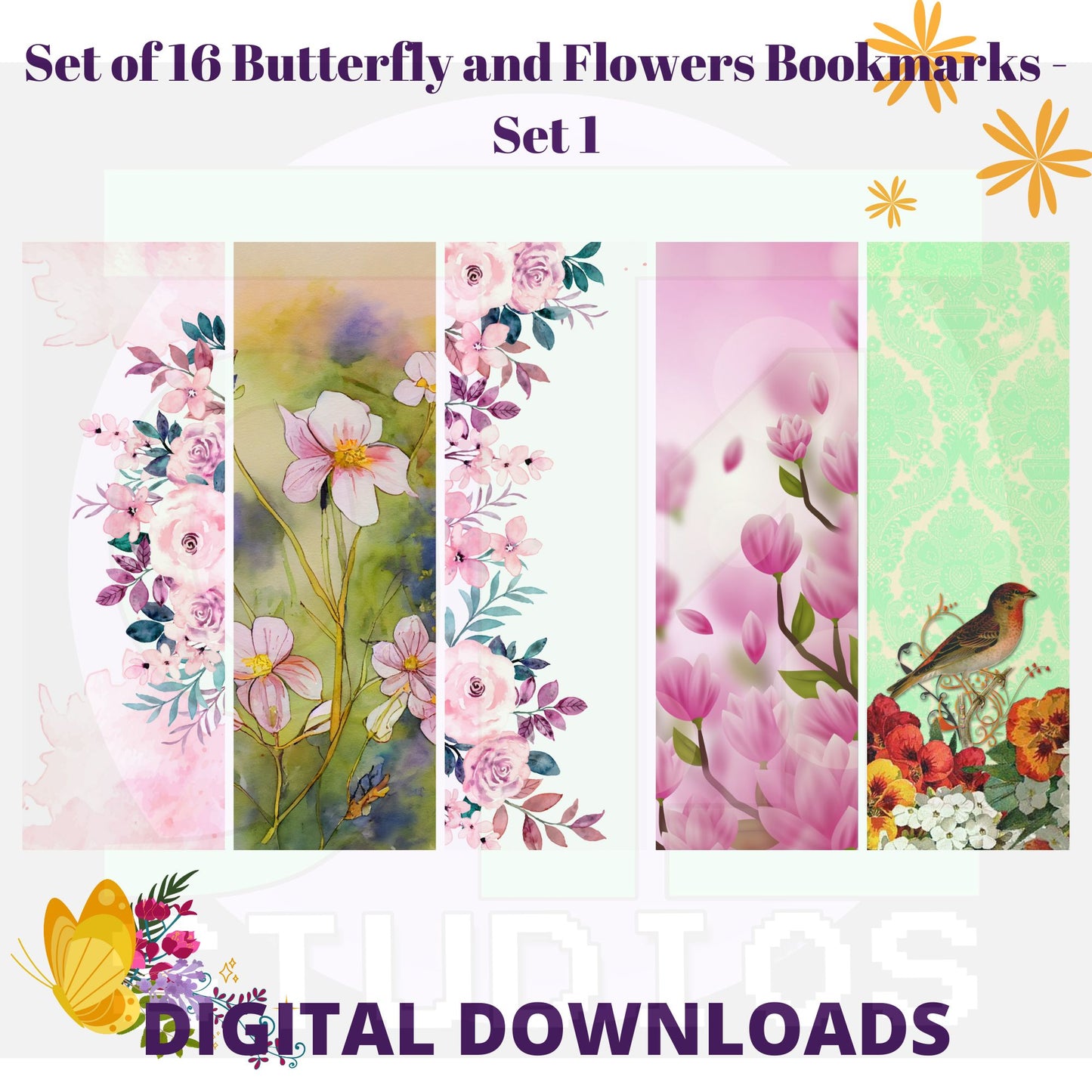 Butterfly and Flower Bookmarks Set 1