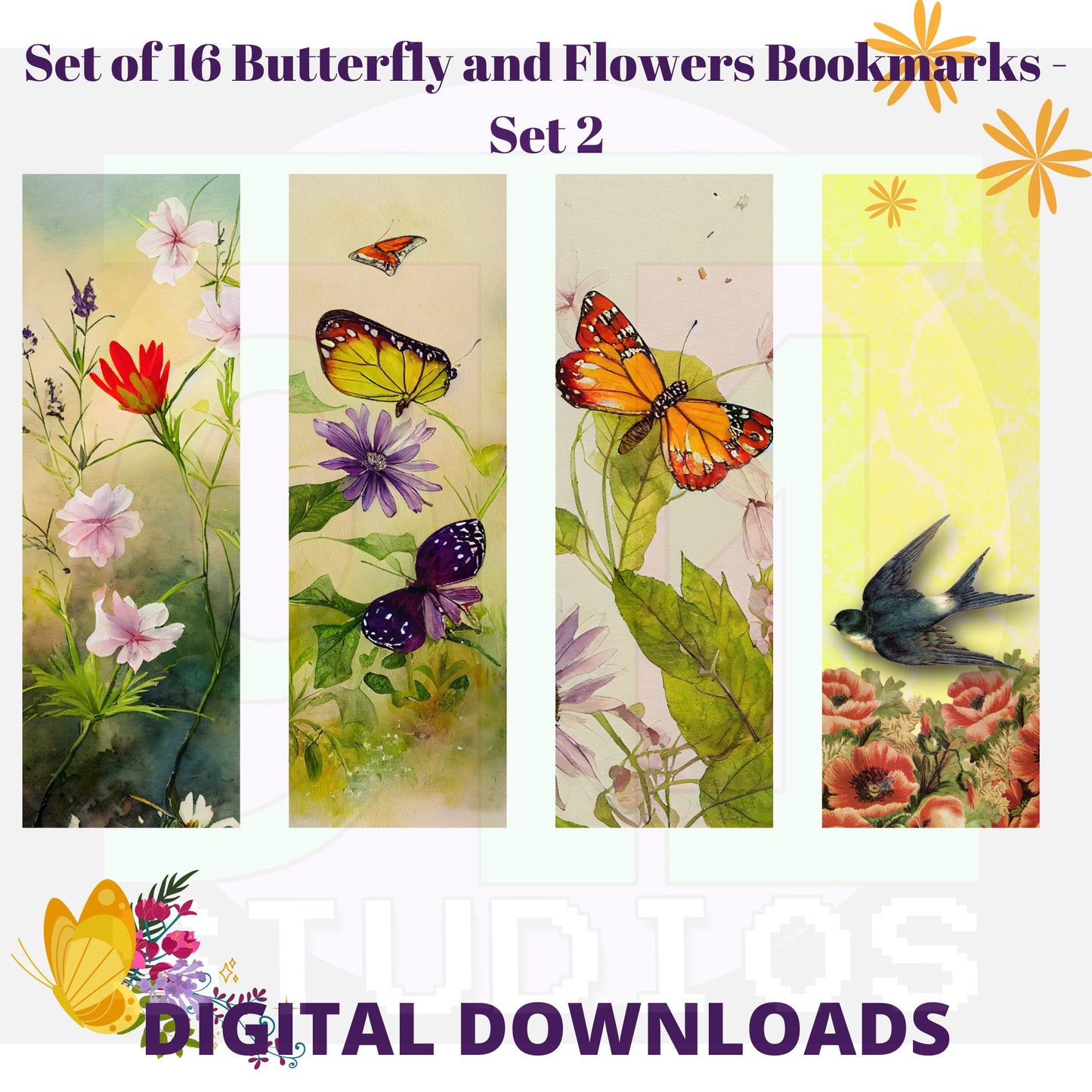 Butterfly and Flower Bookmarks Set 2