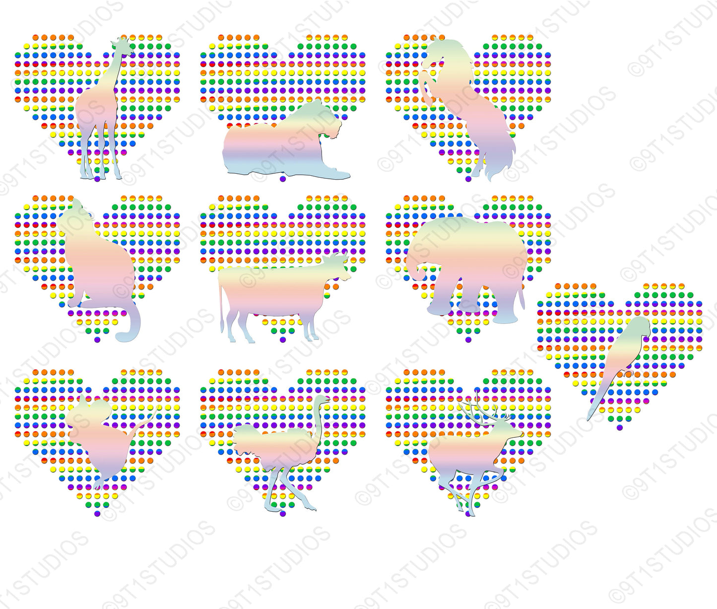 Rainbow Heart Animals digital file